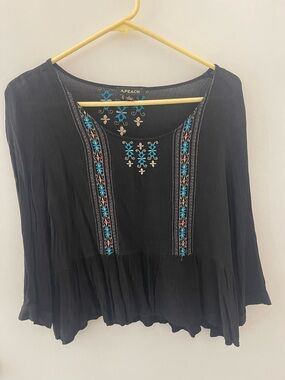 Black Embroidered Peasant Top with Blue Accents